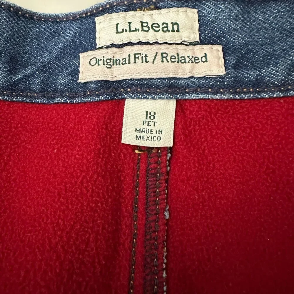LL BEAN Womens Relaxed Fit Flannel Lined Jeans Size 18 Petite Blue Cotton